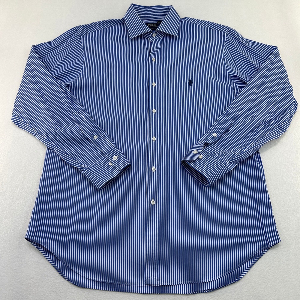 Polo Ralph Lauren Mens 17 34/35 Custom Fit Blue White Striped Button Down Shirt